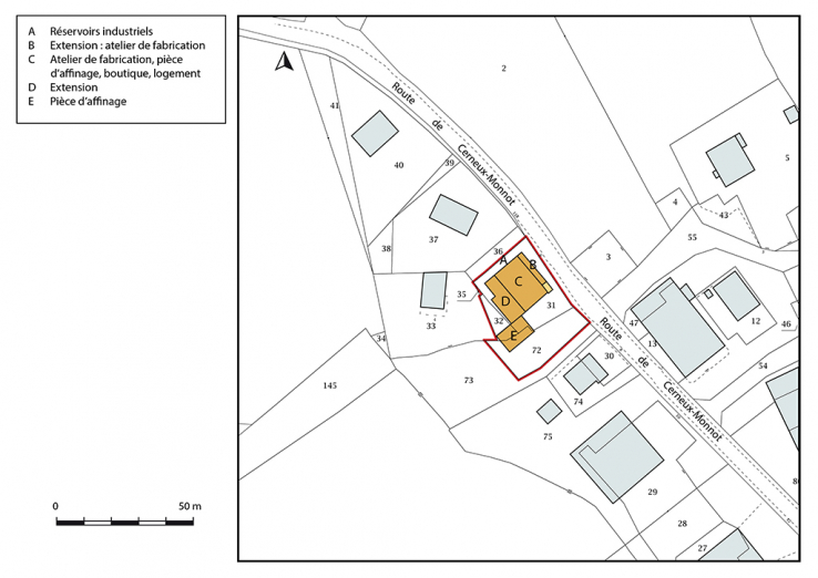 Plan-masse et de situation. Extrait du plan cadastral, 2019, section AK. © Région Bourgogne-Franche-Comté, Inventaire du patrimoine Plan-masse et de situation. Extrait du plan cadastral, 2019, section AK. © Région Bourgogne-Franche-Comté, Inventaire du patrimoine