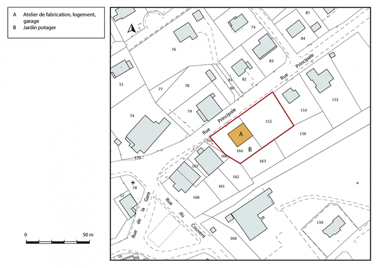 Plan-masse et de situation. Extrait du plan cadastral, 2018, section AB. © Région Bourgogne-Franche-Comté, Inventaire du patrimoine