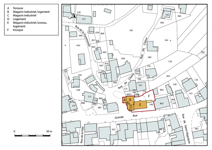 Plan-masse et de situation. Extrait du plan cadastral, 2019, section D. © Région Bourgogne-Franche-Comté, Inventaire du patrimoine Plan-masse et de situation. Extrait du plan cadastral, 2019, section D. © Région Bourgogne-Franche-Comté, Inventaire du patrimoine
