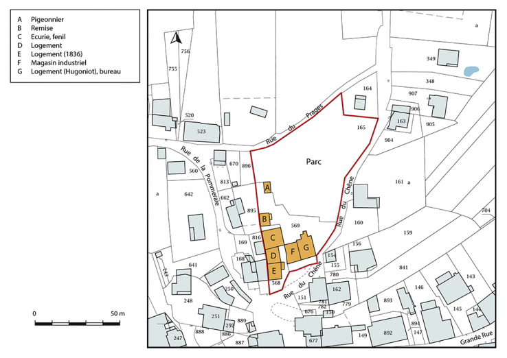 Plan-masse et de situation. Extrait du plan cadastral, 2019, section D. © Région Bourgogne-Franche-Comté, Inventaire du patrimoine Plan-masse et de situation. Extrait du plan cadastral, 2019, section D. © Région Bourgogne-Franche-Comté, Inventaire du patrimoine