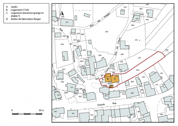 Plan-masse et de situation. Extrait du plan cadastral, 2019, section D. © Région Bourgogne-Franche-Comté, Inventaire du patrimoine Plan-masse et de situation. Extrait du plan cadastral, 2019, section D. © Région Bourgogne-Franche-Comté, Inventaire du patrimoine
