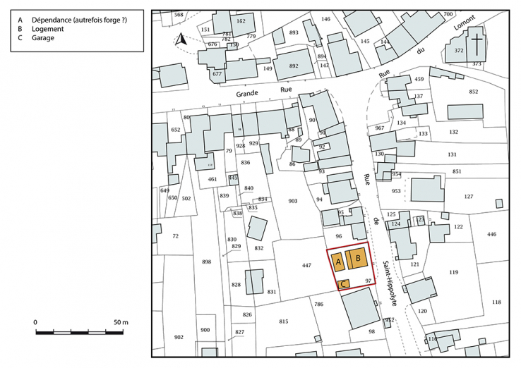 Plan-masse et de situation. Extrait du plan cadastral, 2018, section D. © Région Bourgogne-Franche-Comté, Inventaire du patrimoine Plan-masse et de situation. Extrait du plan cadastral, 2018, section D. © Région Bourgogne-Franche-Comté, Inventaire du patrimoine