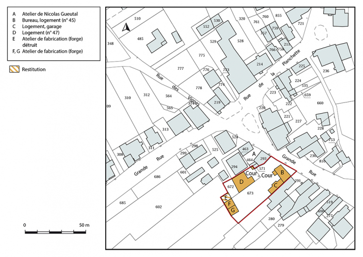 Plan-masse et de situation. Extrait du plan cadastral, 2019, section D. © Région Bourgogne-Franche-Comté, Inventaire du patrimoine Plan-masse et de situation. Extrait du plan cadastral, 2019, section D. © Région Bourgogne-Franche-Comté, Inventaire du patrimoine