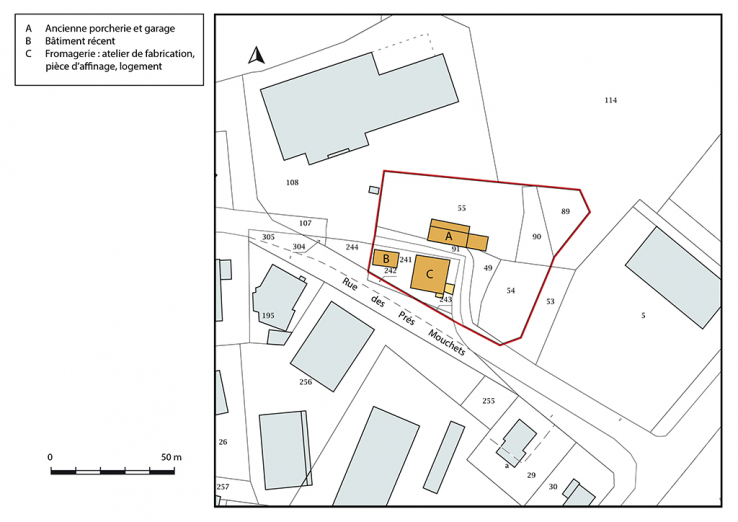 Plan-masse et de situation. Extrait du plan cadastral, 2018, section AB. © Région Bourgogne-Franche-Comté, Inventaire du patrimoine