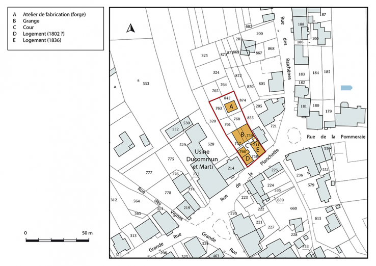 Plan-masse et de situation. Extrait du plan cadastral, 2019, section D. © Région Bourgogne-Franche-Comté, Inventaire du patrimoine Plan-masse et de situation. Extrait du plan cadastral, 2019, section D. © Région Bourgogne-Franche-Comté, Inventaire du patrimoine