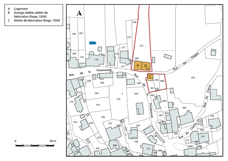 Plan-masse et de situation. Extrait du plan cadastral, 2019, section D. © Région Bourgogne-Franche-Comté, Inventaire du patrimoine