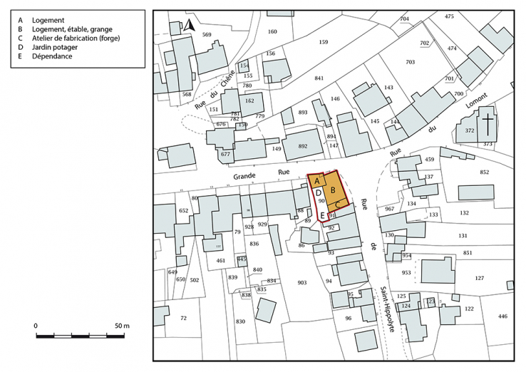 Plan-masse et de situation. Extrait du plan cadastral, 2019, section D. © Région Bourgogne-Franche-Comté, Inventaire du patrimoine Plan-masse et de situation. Extrait du plan cadastral, 2019, section D. © Région Bourgogne-Franche-Comté, Inventaire du patrimoine