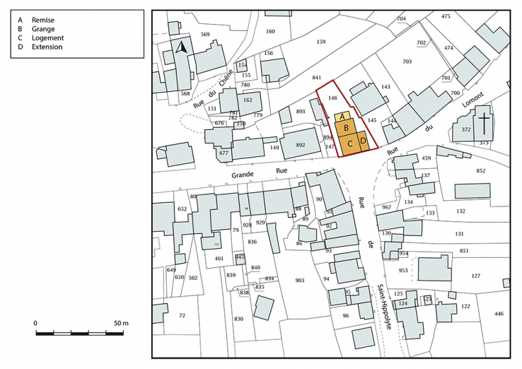 Plan-masse et de situation. Extrait du plan cadastral, 2019, section D. © Région Bourgogne-Franche-Comté, Inventaire du patrimoine Plan-masse et de situation. Extrait du plan cadastral, 2019, section D. © Région Bourgogne-Franche-Comté, Inventaire du patrimoine