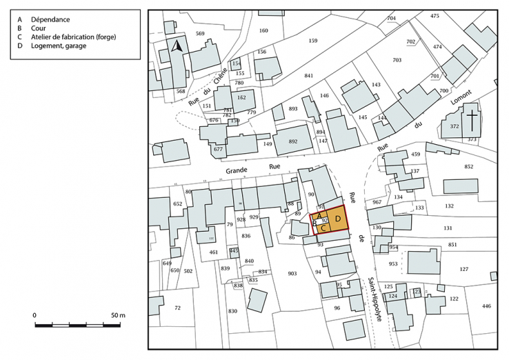 Plan-masse et de situation. Extrait du plan cadastral, 2019, section D. © Région Bourgogne-Franche-Comté, Inventaire du patrimoine