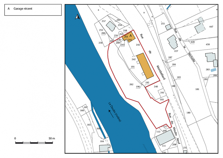 Plan-masse et de situation. Extrait du plan cadastral, 2019, section AB. © Région Bourgogne-Franche-Comté, Inventaire du patrimoine Plan-masse et de situation. Extrait du plan cadastral, 2019, section AB. © Région Bourgogne-Franche-Comté, Inventaire du patrimoine