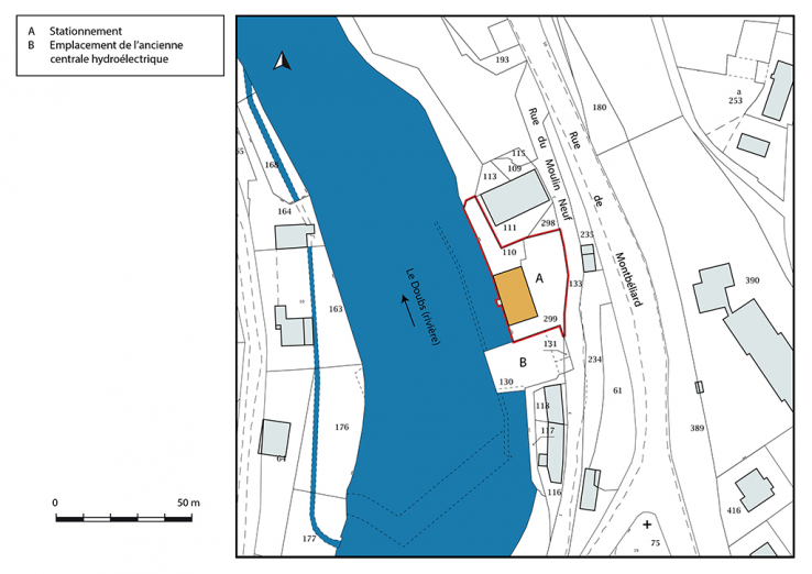 Plan-masse et de situation. Extrait du plan cadastral, 2019, section AB. © Région Bourgogne-Franche-Comté, Inventaire du patrimoine Plan-masse et de situation. Extrait du plan cadastral, 2019, section AB. © Région Bourgogne-Franche-Comté, Inventaire du patrimoine