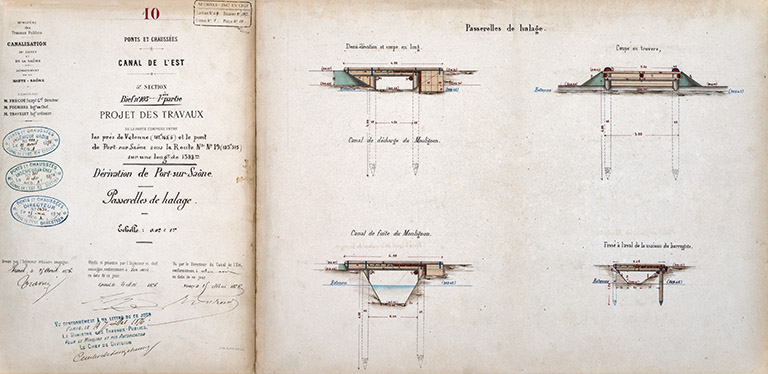 Canal de l'Est, projet des travaux - dérivation de Port-sur-Saône, passerelles de halage (1876).  © Région Bourgogne-Franche-Comté, Inventaire du patrimoine Canal de l'Est, projet des travaux - dérivation de Port-sur-Saône, passerelles de halage (1876).  © Région Bourgogne-Franche-Comté, Inventaire du patrimoine