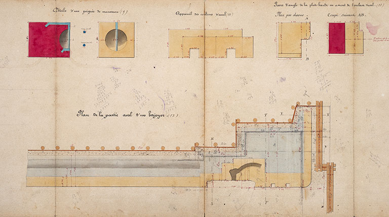Construction de la dérivation de Port-sur-Saône - Ecluse à sas (1876) : détail d'une poignée de manoeuvre et plan de la partie aval d'un bajoyer. © Région Bourgogne-Franche-Comté, Inventaire du patrimoine Construction de la dérivation de Port-sur-Saône - Ecluse à sas (1876) : détail d'une poignée de manoeuvre et plan de la partie aval d'un bajoyer. © Région Bourgogne-Franche-Comté, Inventaire du patrimoine