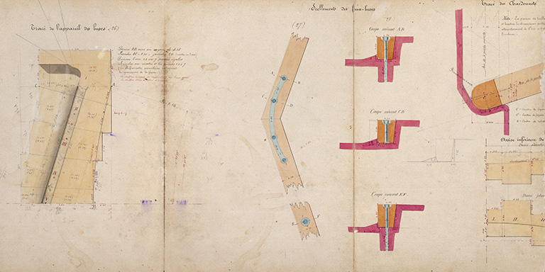 Construction de la dérivation de Port-sur-Saône - Ecluse à sas (1876) : tracé de l'appareil des buscs, scellement des faux-buscs et tracé des chardonnets. © Région Bourgogne-Franche-Comté, Inventaire du patrimoine Construction de la dérivation de Port-sur-Saône - Ecluse à sas (1876) : tracé de l'appareil des buscs, scellement des faux-buscs et tracé des chardonnets. © Région Bourgogne-Franche-Comté, Inventaire du patrimoine