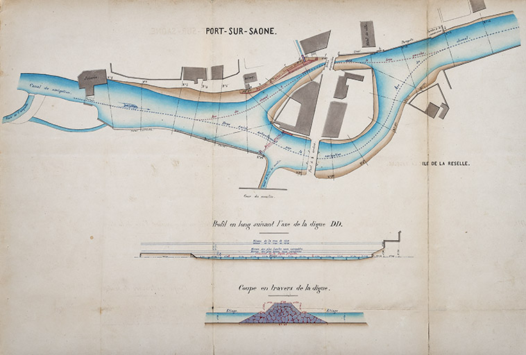 Profil en long suivant l'axe de la digue, à Port-sur-Saône [s.d].  © Région Bourgogne-Franche-Comté, Inventaire du patrimoine