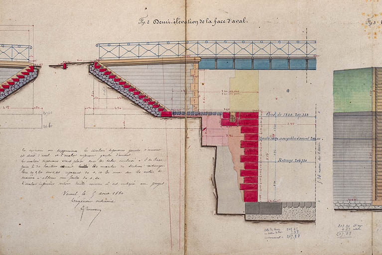 Réfection de la première porte de garde de la dérivation de St-Albin - Plans, élévation, coupes et détails des maçonneries de la porte de garde et du pont (1876) : demi-élévation de la face aval. © Région Bourgogne-Franche-Comté, Inventaire du patrimoine Réfection de la première porte de garde de la dérivation de St-Albin - Plans, élévation, coupes et détails des maçonneries de la porte de garde et du pont (1876) : demi-élévation de la face aval. © Région Bourgogne-Franche-Comté, Inventaire du patrimoine