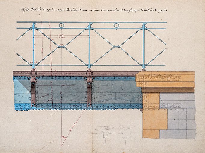 Réfection de la première porte de garde de la dérivation de St-Albin - Plans, élévation, coupes et détails des maçonneries de la porte de garde et du pont (1876) : détail du garde-corps, élévation d'une poutre, des consoles et des plaques de trottoi… © Région Bourgogne-Franche-Comté, Inventaire du patrimoine Réfection de la première porte de garde de la dérivation de St-Albin - Plans, élévation, coupes et détails des maçonneries de la porte de garde et du pont (1876) : détail du garde-corps, élévation d'une poutre, des consoles et des plaques de trottoi… © Région Bourgogne-Franche-Comté, Inventaire du patrimoine