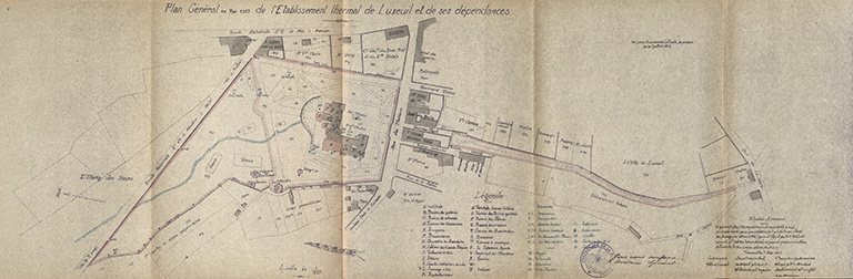 Plan de l'établissement thermal localisant la "Fontaine Martin" dans la cour en 1922. © Région Bourgogne-Franche-Comté, Inventaire du patrimoine Plan de l'établissement thermal localisant la "Fontaine Martin" dans la cour en 1922. © Région Bourgogne-Franche-Comté, Inventaire du patrimoine