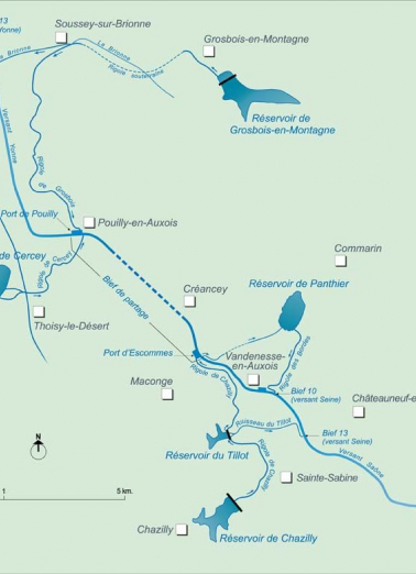 Carte schématique des réservoirs d'alimentation du canal de Bourgogne au niveau du bief de partage. © Région Bourgogne-Franche-Comté, Inventaire du patrimoine