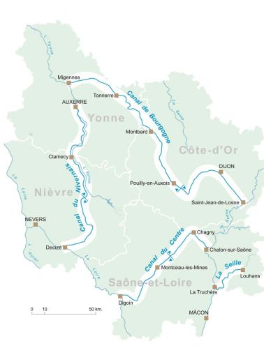 Carte schématique des canaux de Bourgogne. © Région Bourgogne-Franche-Comté, Inventaire du patrimoine Carte schématique des canaux de Bourgogne. © Région Bourgogne-Franche-Comté, Inventaire du patrimoine