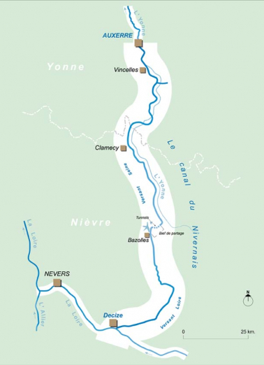 Carte générale schématique du canal du Nivernais. © Région Bourgogne-Franche-Comté, Inventaire du patrimoine