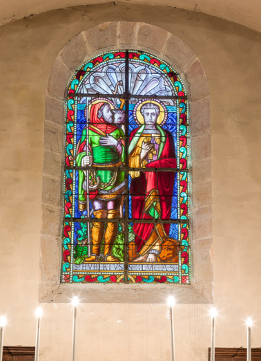 Vue d'ensemble de la verrière représentant saint Hubert et saint Laurent. © Région Bourgogne-Franche-Comté, Inventaire du patrimoine