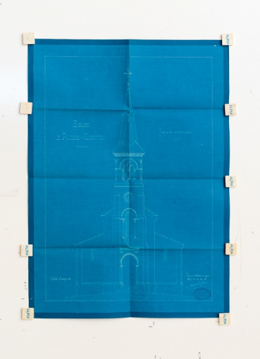Façade principale de l'église d'Aloxe-Corton. Plan bleu dressé par l'architecte Pinchard, le 30 juin 1888 (Archives communales, Aloxe-Corton). © Région Bourgogne-Franche-Comté, Inventaire du patrimoine