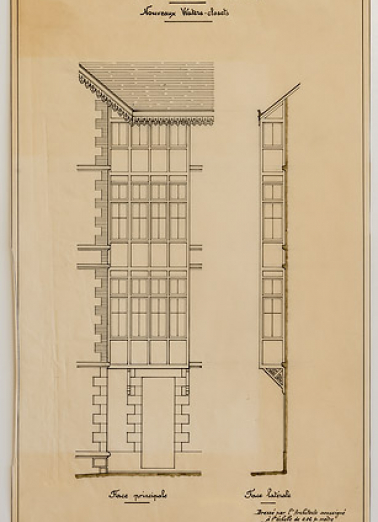 Oriel en surplomb de la façade côté pour les water-closet (1921), élévations. © Région Bourgogne-Franche-Comté, Inventaire du patrimoine