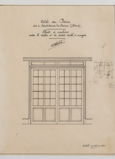Porte coulissante séparant la petite salle à manger et le salon, projet d'Auguste Palet (1921). © Région Bourgogne-Franche-Comté, Inventaire du patrimoine