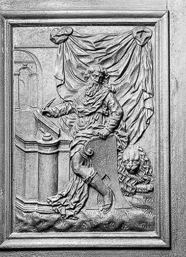 Détail, panneau de la cuve : saint Marc. © Région Bourgogne-Franche-Comté, Inventaire du patrimoine