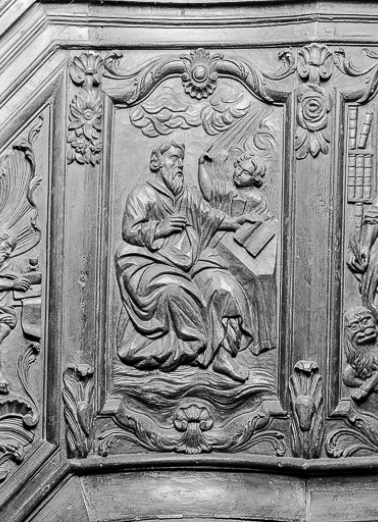 1er panneau de la cuve : saint Matthieu. © Région Bourgogne-Franche-Comté, Inventaire du patrimoine