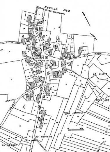 Plan portant le repérage. Extrait du cadastre de 1958, section B1. © Région Bourgogne-Franche-Comté, Inventaire du patrimoine
