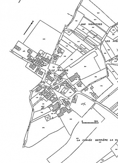 Plan portant le repérage : extrait du cadastre de 1957, section A3. © Région Bourgogne-Franche-Comté, Inventaire du patrimoine