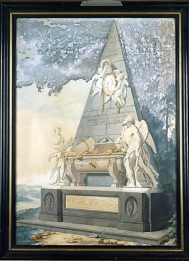 Aquarelle de Chazerand l'aîné, datée de 1784, représentant le tombeau détruit pendant la Révolution. © Région Bourgogne-Franche-Comté, Inventaire du patrimoine
