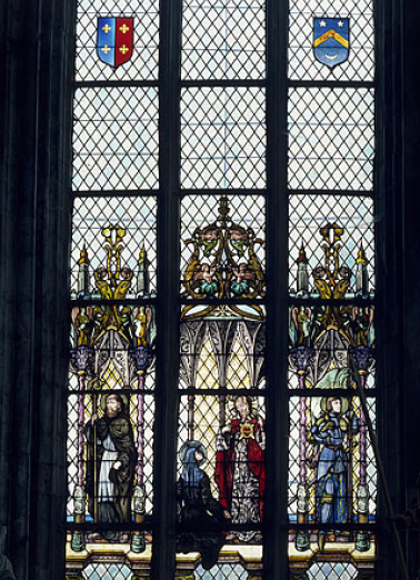 Baie 1 : saint Benoît, Apparition du Sacré-Coeur à Marguerite-Marie Alacoque, Jeanne d'Arc. © Région Bourgogne-Franche-Comté, Inventaire du patrimoine
