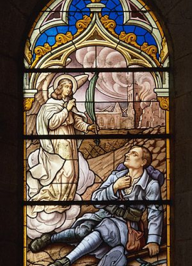 Baie 13 créée au 20e siècle : mort d'un soldat auquel un ange apporte la palme des martyrs. © Région Bourgogne-Franche-Comté, Inventaire du patrimoine