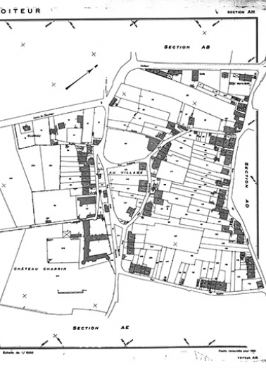 Cadastre avec position des maisons et des fermes repérées et sélectionnées. Cadastre de 1961, section AH. © Région Bourgogne-Franche-Comté, Inventaire du patrimoine