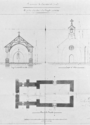 Projet de restauration de la chapelle paroissiale, façade de l'entrée, plan de la chapelle. © Région Bourgogne-Franche-Comté, Inventaire du patrimoine
