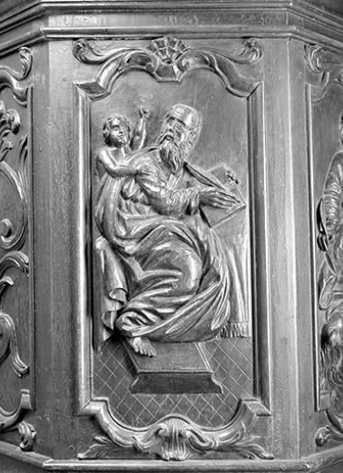 Premier panneau de la cuve : saint Matthieu. © Région Bourgogne-Franche-Comté, Inventaire du patrimoine