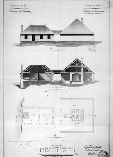Fabrique de noir animal, plan, coupe et élévation. © Région Bourgogne-Franche-Comté, Inventaire du patrimoine