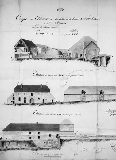 Coupe et élévations des bâtimens de l'usine de Foucherans à Mr de Tinseau. © Région Bourgogne-Franche-Comté, Inventaire du patrimoine Coupe et élévations des bâtimens de l'usine de Foucherans à Mr de Tinseau. © Région Bourgogne-Franche-Comté, Inventaire du patrimoine