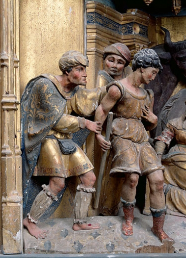 Adoration des Bergers, détail : les trois bergers de gauche. © Région Bourgogne-Franche-Comté, Inventaire du patrimoine