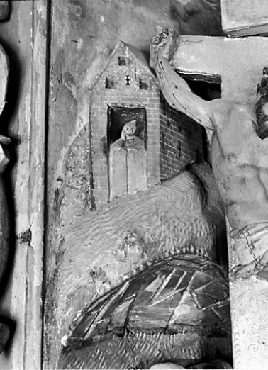 La Crucifixion, détail de la partie supérieure gauche. © Région Bourgogne-Franche-Comté, Inventaire du patrimoine