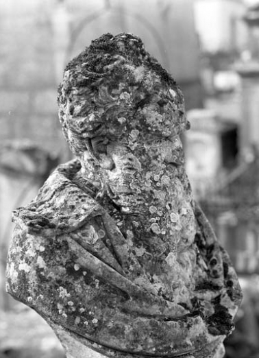 Détail de l'altération de la pierre sur le buste. © Région Bourgogne-Franche-Comté, Inventaire du patrimoine