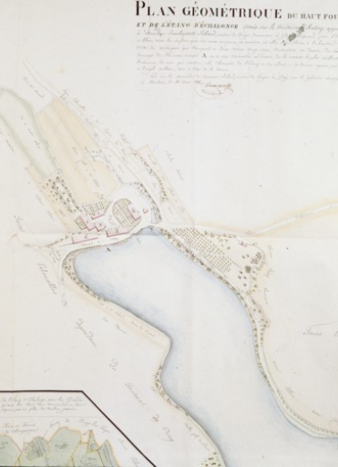 Plan géométrique du haut fourneau et de l'étang d'Echalonge [détail du fourneau]. © Région Bourgogne-Franche-Comté, Inventaire du patrimoine
