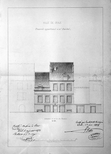 Ville de Dole. Tannerie appartenant à M. Boichut. Elévation sur la rue des Tanneurs n° 43. © Région Bourgogne-Franche-Comté, Inventaire du patrimoine Ville de Dole. Tannerie appartenant à M. Boichut. Elévation sur la rue des Tanneurs n° 43. © Région Bourgogne-Franche-Comté, Inventaire du patrimoine