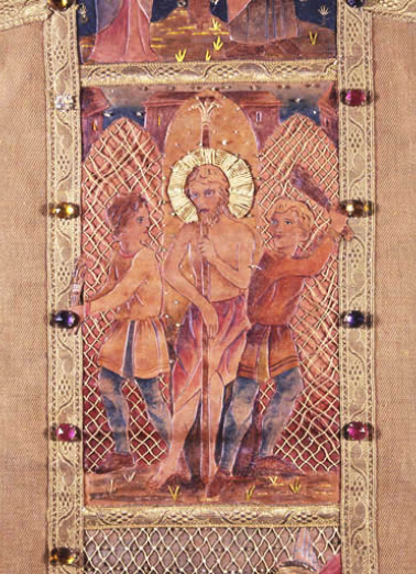 Détail sur le revers : Dieu le père, le Christ en croix entre saint Jean et la Vierge. © Région Bourgogne-Franche-Comté, Inventaire du patrimoine