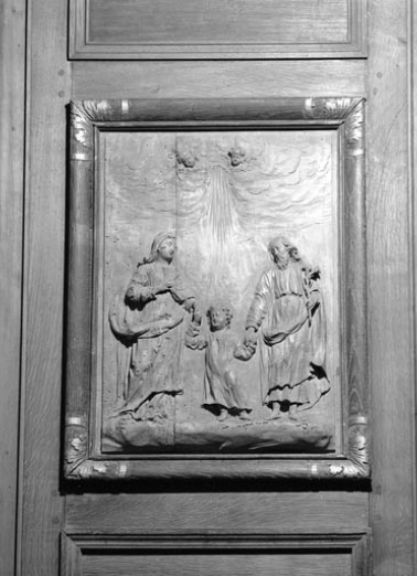 Détail du dorsal : la Sainte Famille. © Région Bourgogne-Franche-Comté, Inventaire du patrimoine