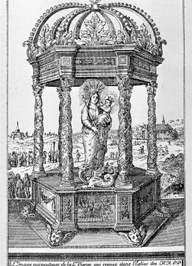 Gravure sur bois, datée 1695, représentant la statue de Notre-Dame de Gray sous un dais à colonne. © Région Bourgogne-Franche-Comté, Inventaire du patrimoine Gravure sur bois, datée 1695, représentant la statue de Notre-Dame de Gray sous un dais à colonne. © Région Bourgogne-Franche-Comté, Inventaire du patrimoine