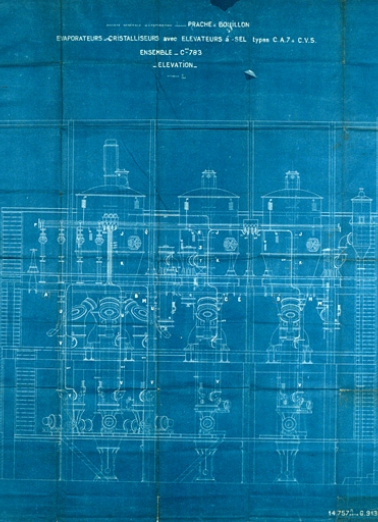 Evaporateurs-Cristalliseurs avec élévateurs à sel types C.A.7 & C.V.5. Ensemble - Cde 783. Elévation. © Région Bourgogne-Franche-Comté, Inventaire du patrimoine Evaporateurs-Cristalliseurs avec élévateurs à sel types C.A.7 & C.V.5. Ensemble - Cde 783. Elévation. © Région Bourgogne-Franche-Comté, Inventaire du patrimoine